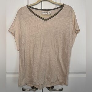 Rachel Zoe Linen V-Neck Top Women’s XL Beige Metallic Trim Short Sleeve